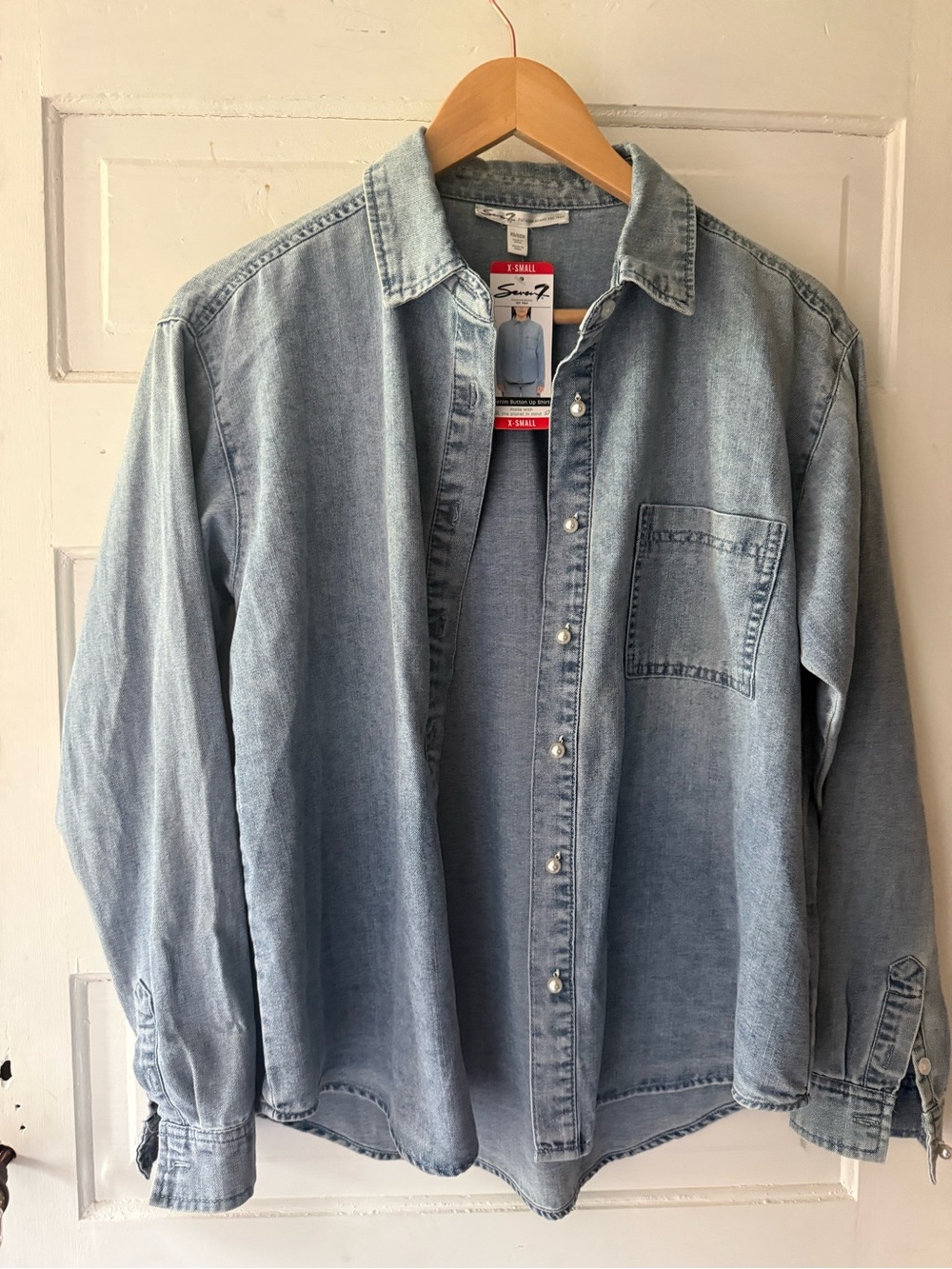 Seven7 Light Blue Denim Button-Up Shirt with Pearl Buttons